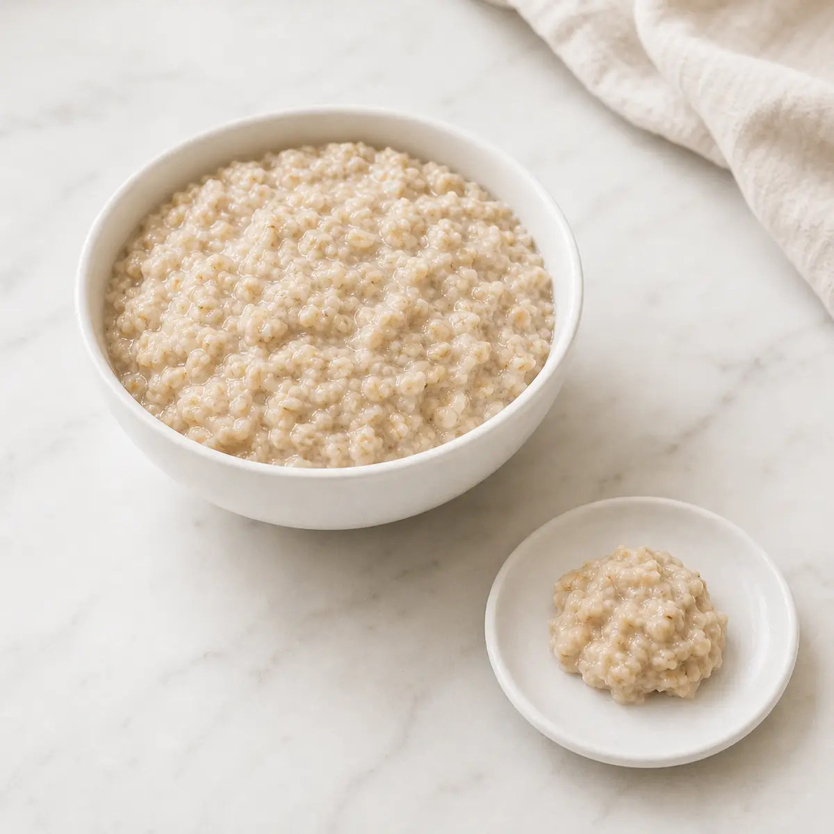 Plain cooked oatmeal in a small bowl with a tiny spoonful on a saucer