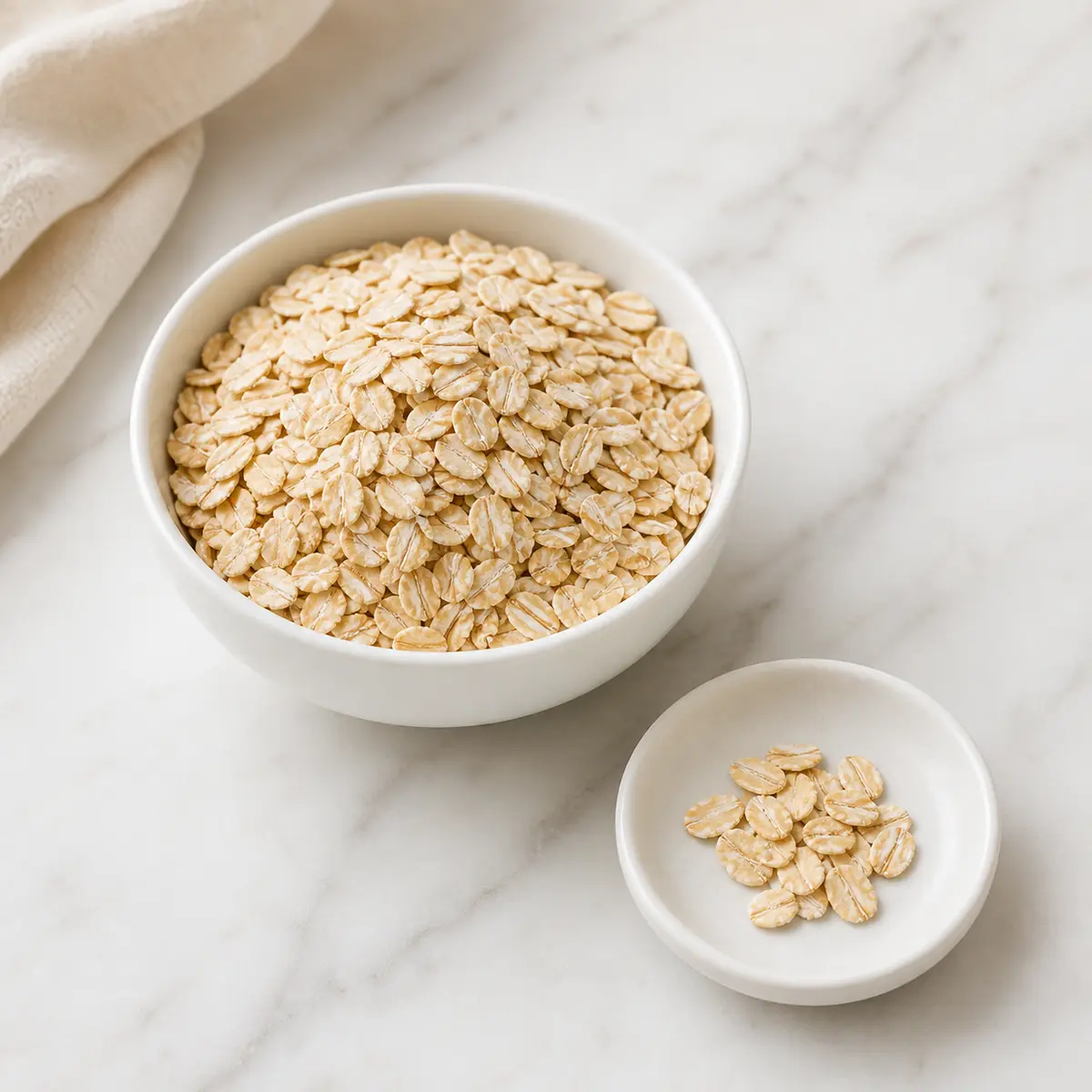 Rolled oats in a small bowl with one tiny plain pinch on a saucer