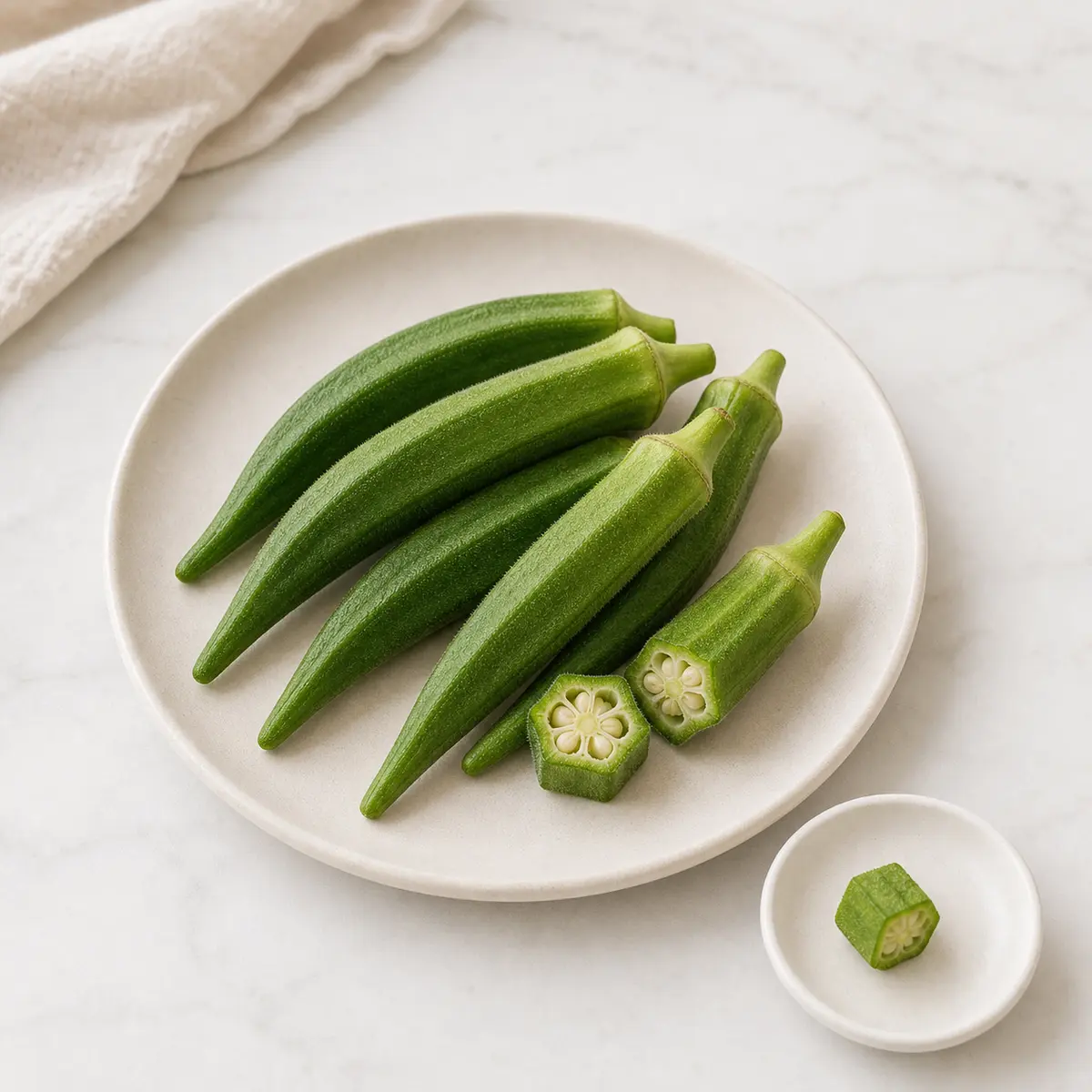 Fresh okra pods and one tiny plain okra piece on a small saucer