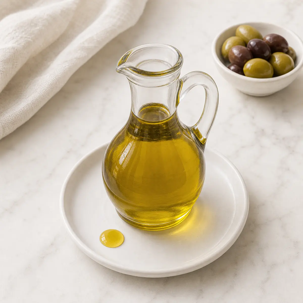 Olive oil in a small glass cruet with one tiny drop on a white saucer