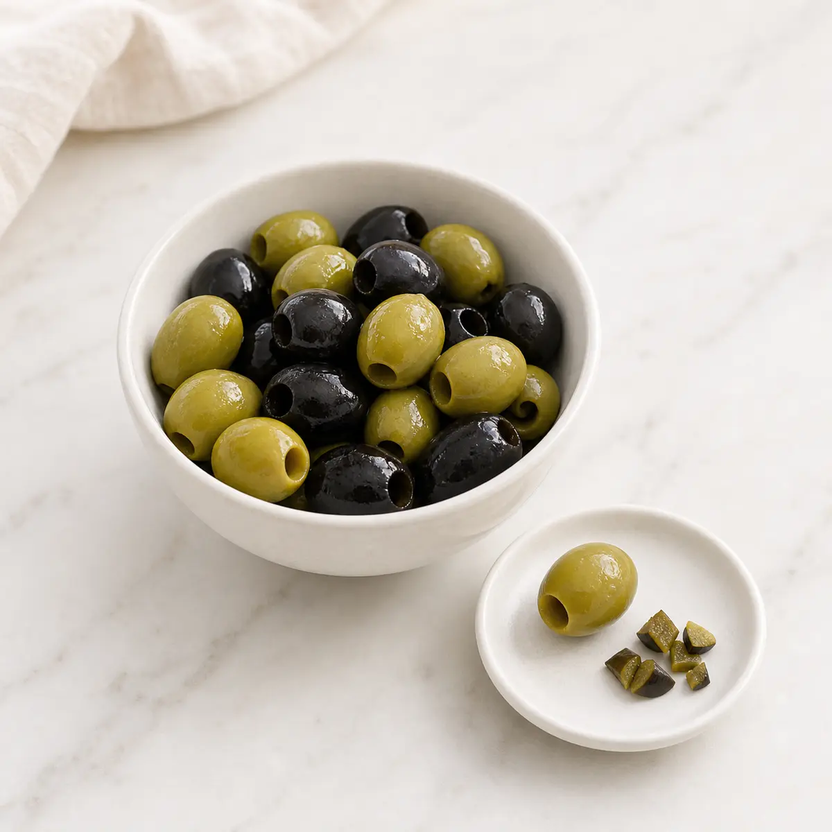 Green and black olives with one pitted olive and tiny chopped pieces on a saucer