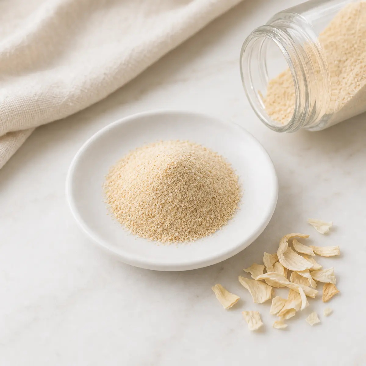 A small mound of onion powder on a white saucer with dry onion flakes nearby
