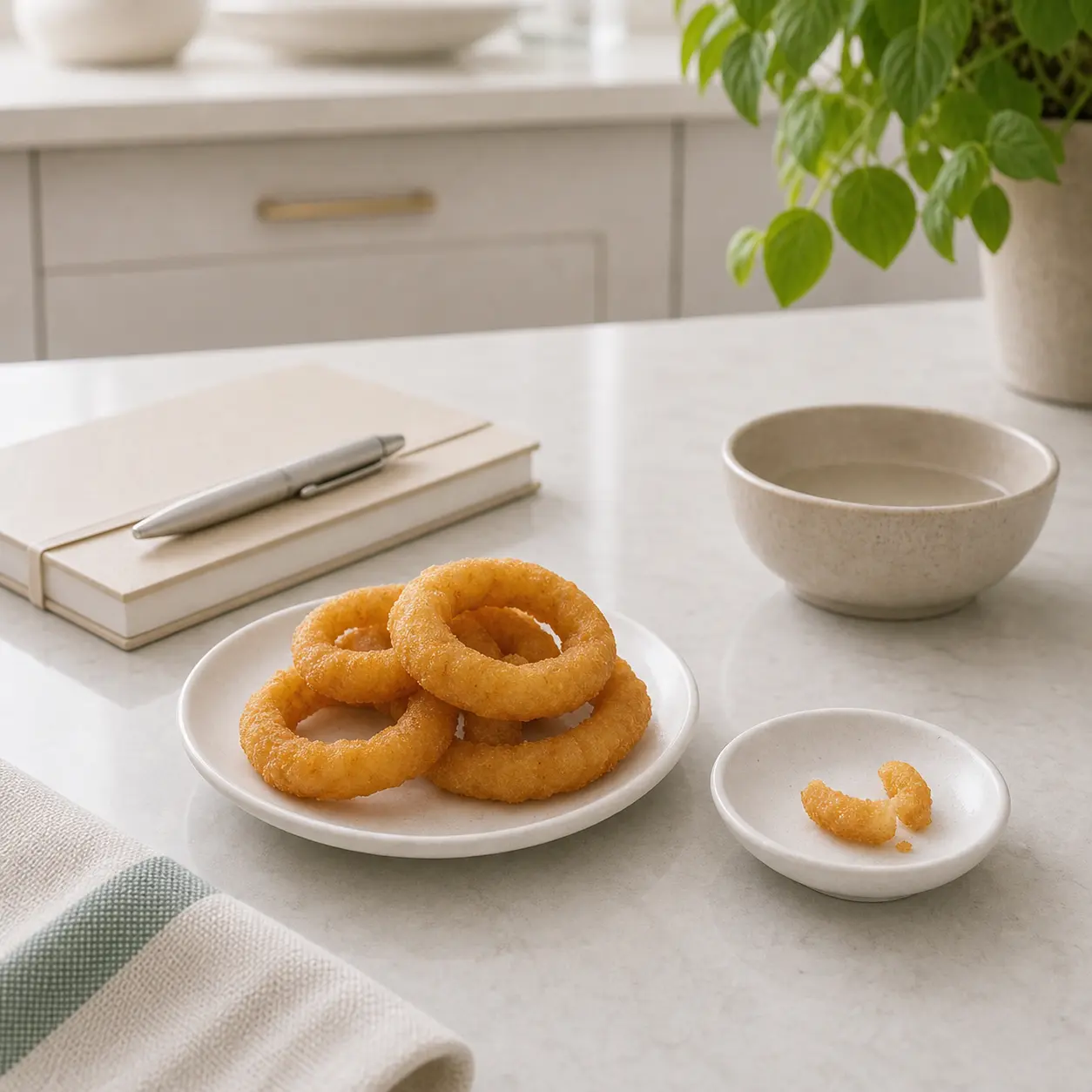 Onion rings with one tiny broken piece separated on a saucer