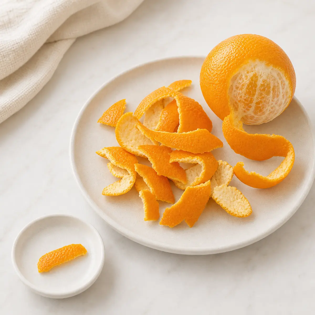 Bright orange peel strips and a partly peeled orange on a plate