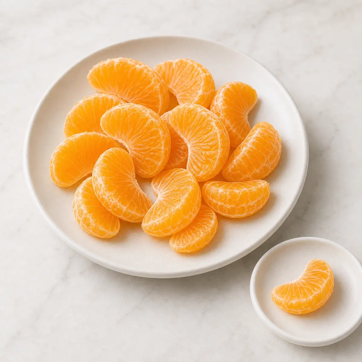 Peeled orange segments with one tiny plain orange piece on a small saucer