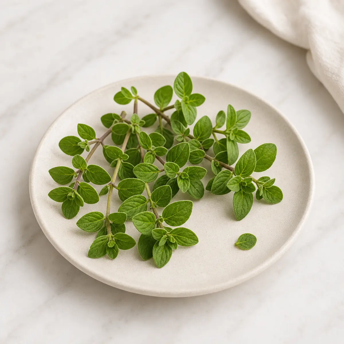 Fresh oregano sprigs on a plate with one tiny leaf set aside