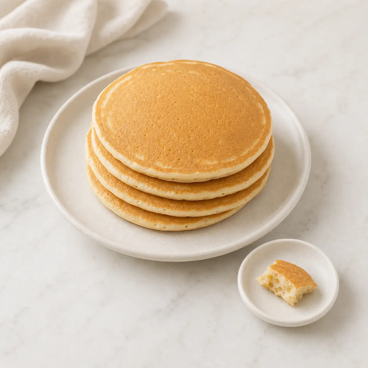 Plain pancakes with one tiny torn piece on a small saucer