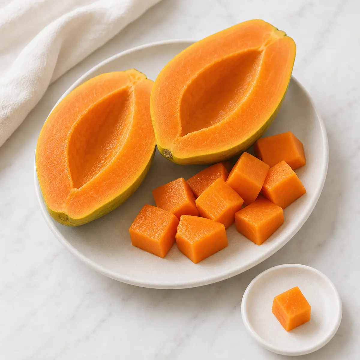 Ripe papaya halves with seeds removed and one tiny cube on a saucer