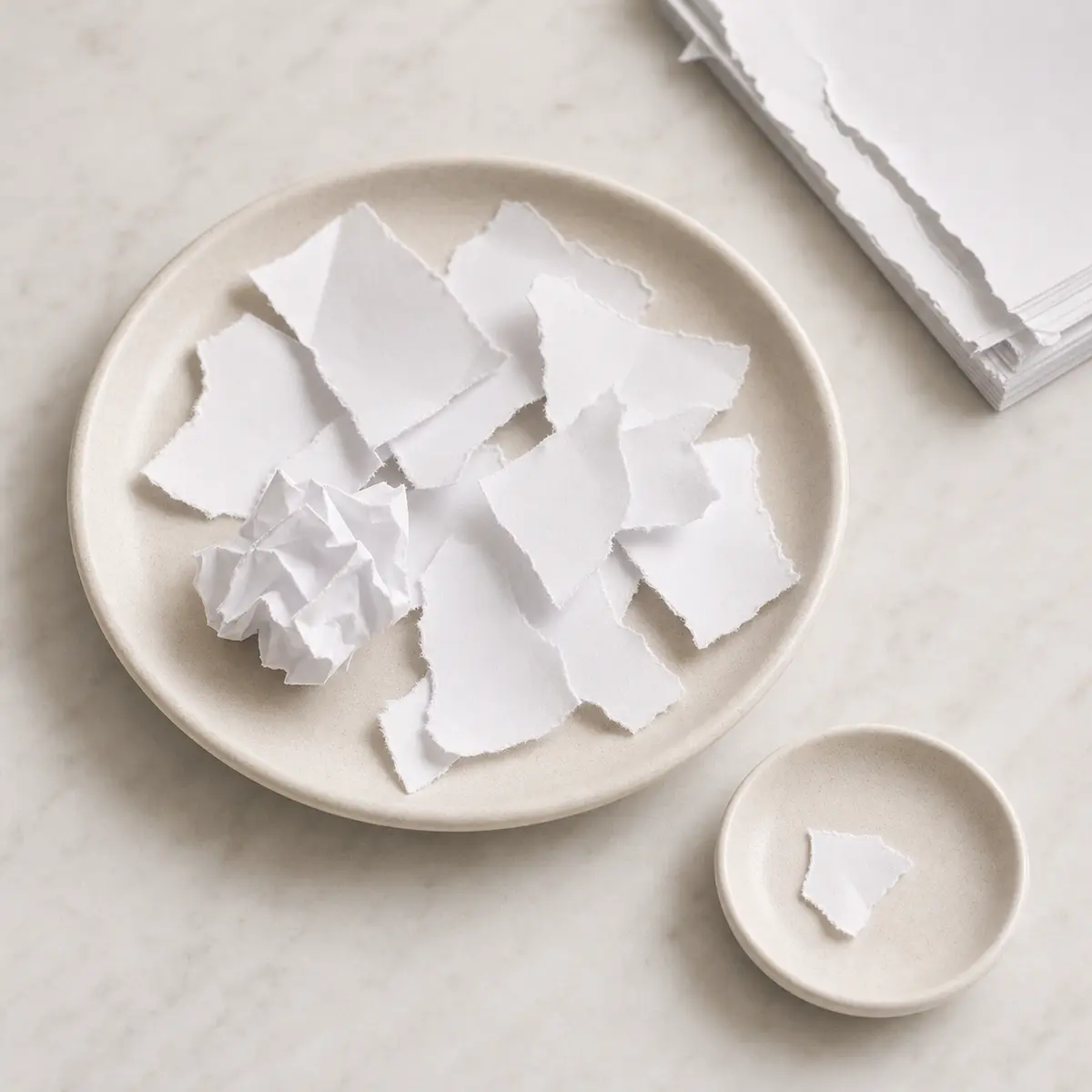 Torn plain white paper pieces on a plate with one tiny torn piece set aside