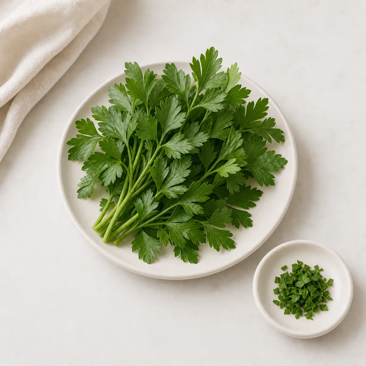 Fresh parsley sprigs with one tiny chopped leaf portion on a small dish