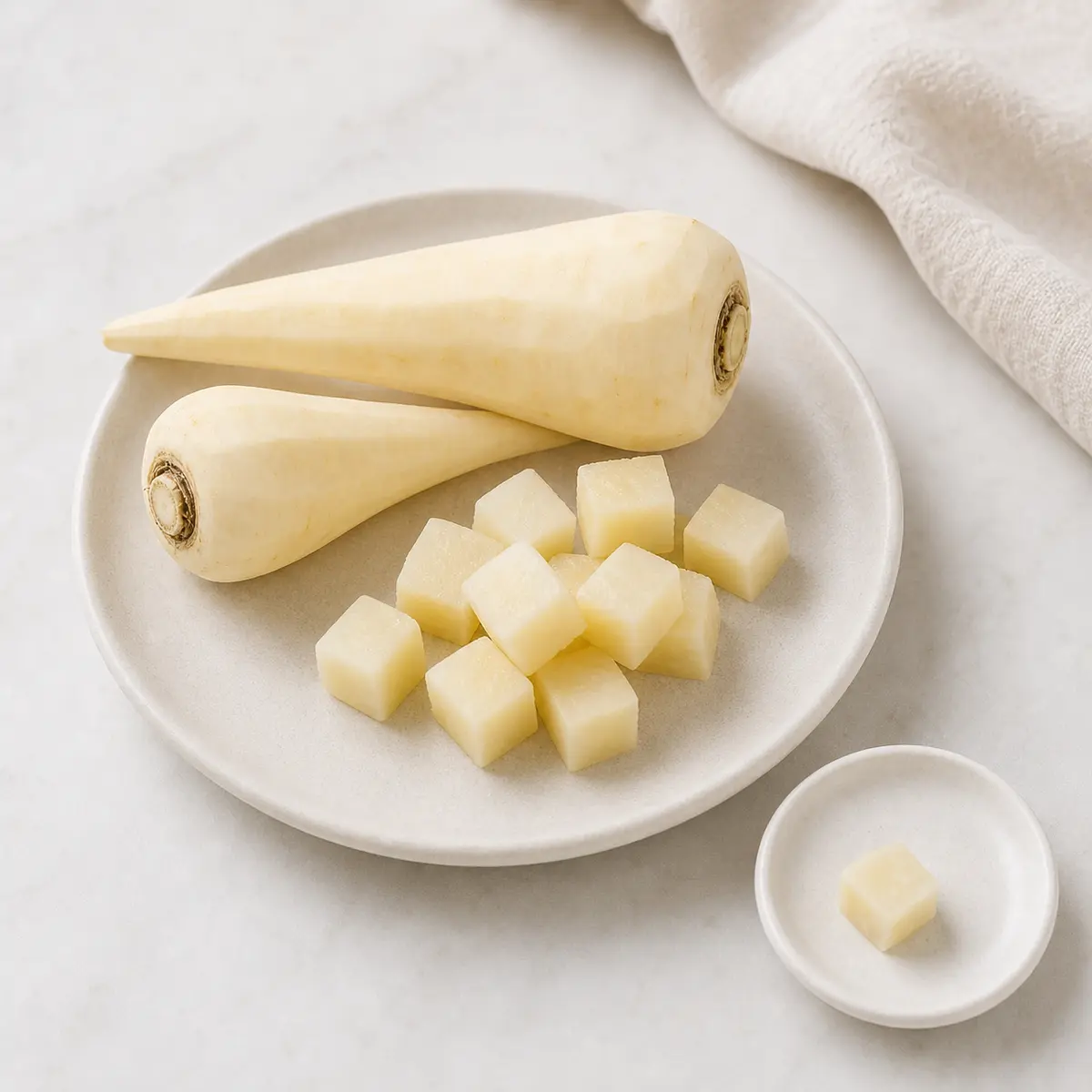 Peeled parsnips and plain cooked parsnip cubes with one tiny cube on a saucer