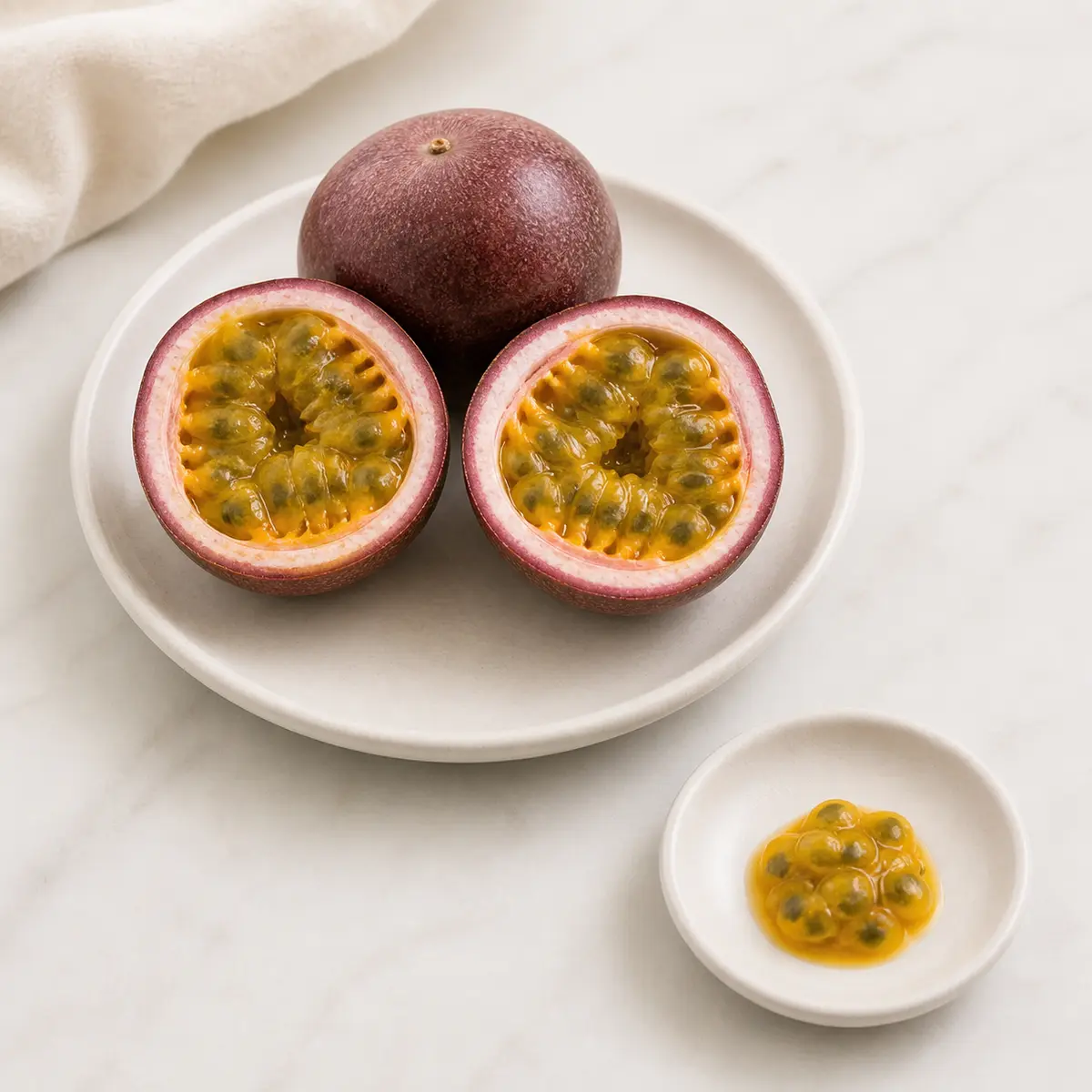 Halved passion fruit with yellow pulp and one tiny spoonful on a saucer