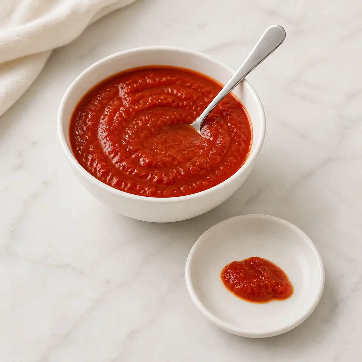 Red tomato pasta sauce in a small bowl with a tiny smear on a saucer