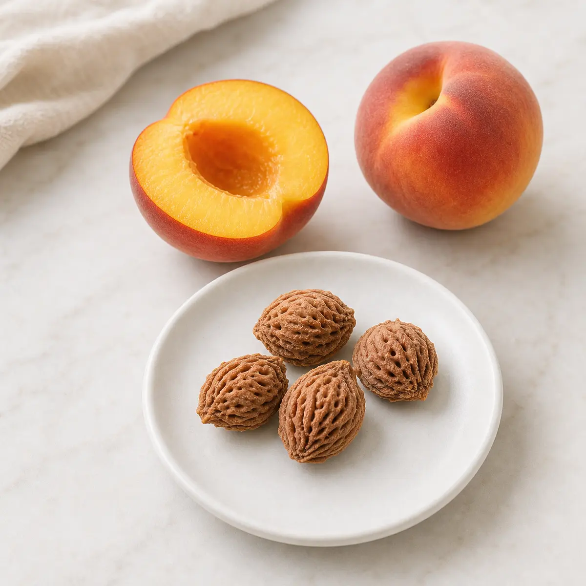 Peach pits isolated on a plate beside peach halves with the pit removed