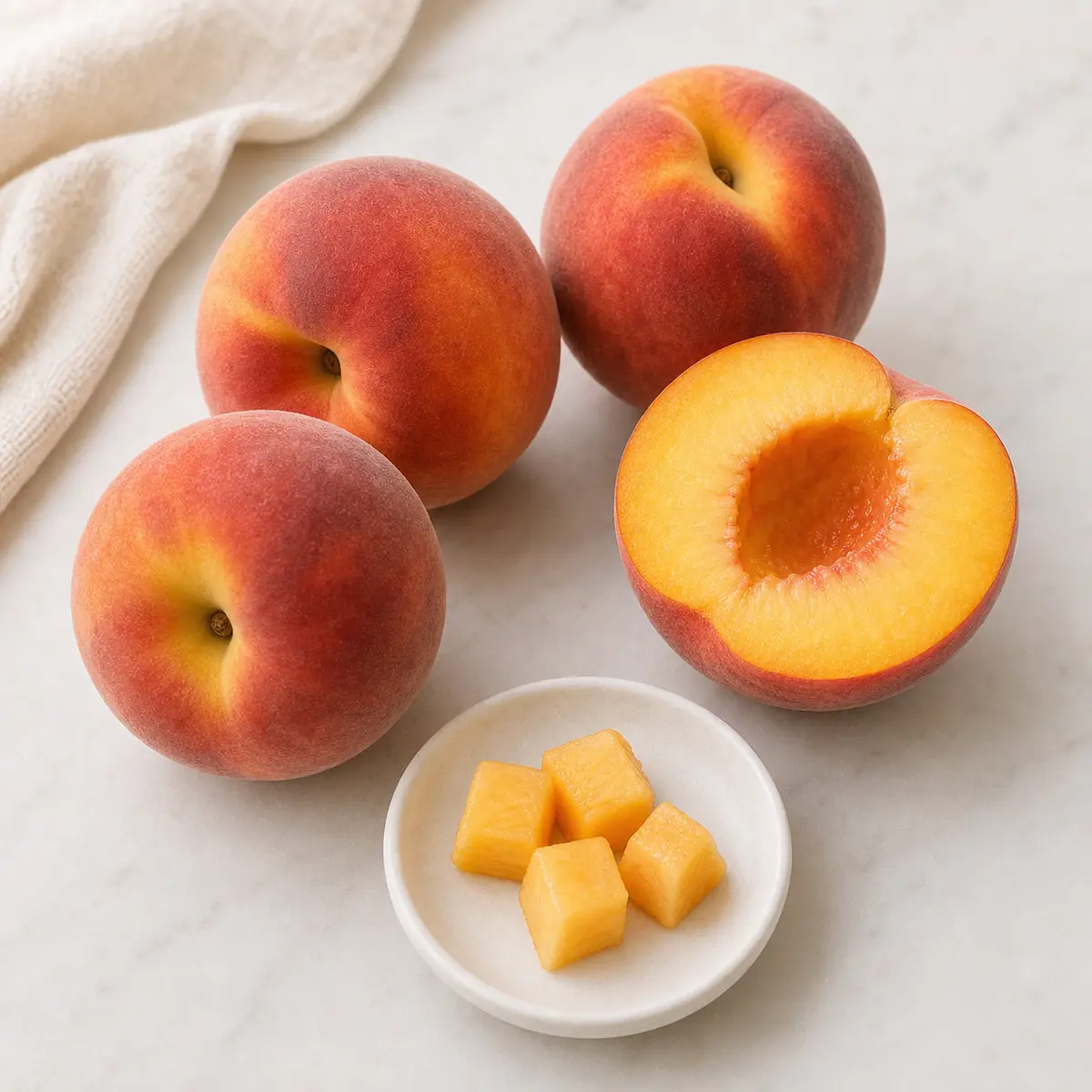 Ripe peaches with the pit removed and tiny peeled peach cubes on a saucer