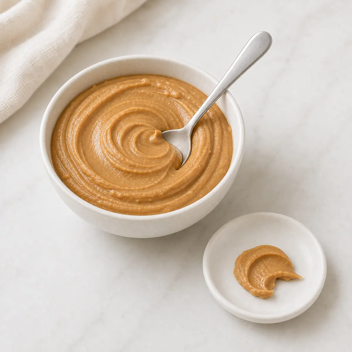 Smooth peanut butter in a small bowl with one tiny smear on a saucer