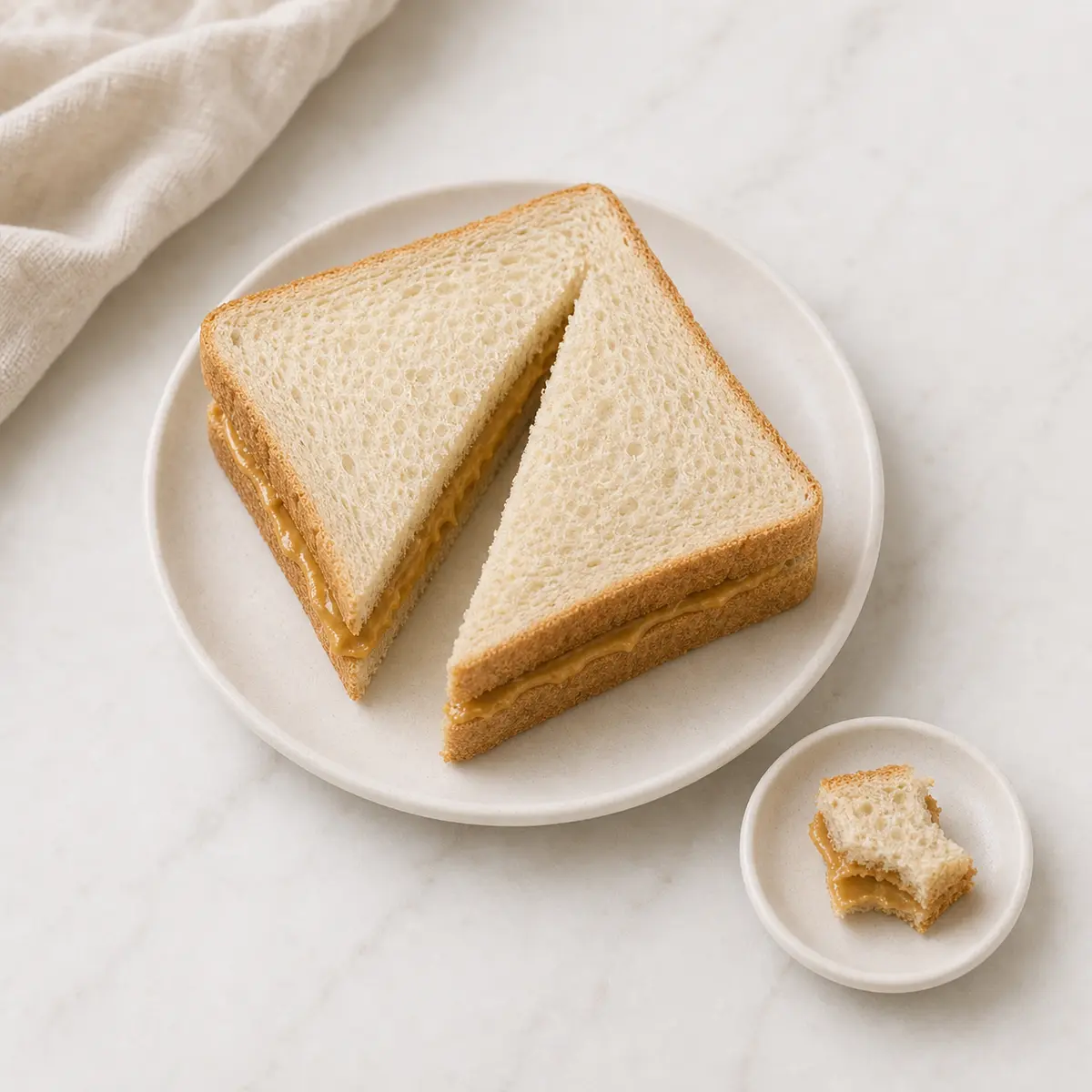 Plain peanut butter sandwich halves with one tiny torn corner on a saucer