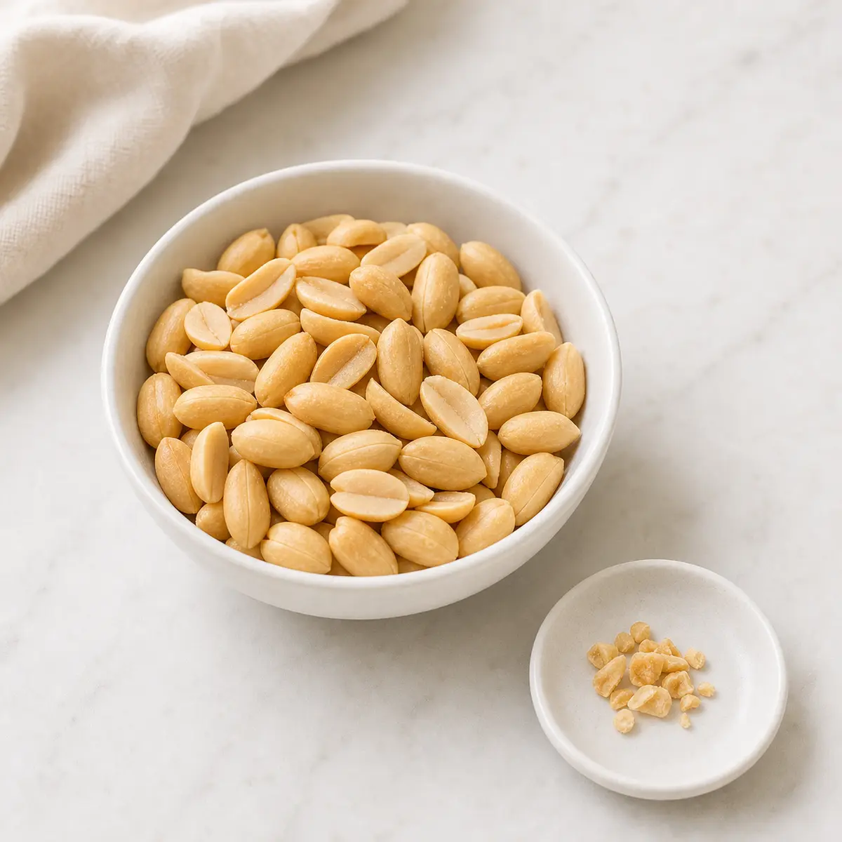 Unsalted shelled peanuts in a small bowl with one tiny crushed piece on a saucer