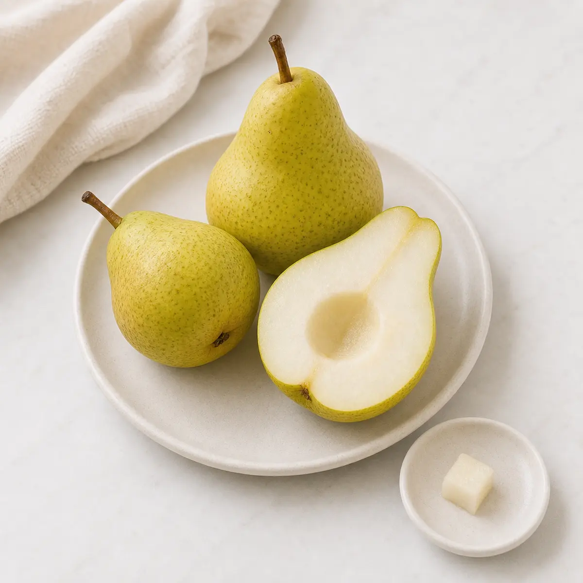 Ripe pears with the core removed and one tiny peeled cube on a saucer