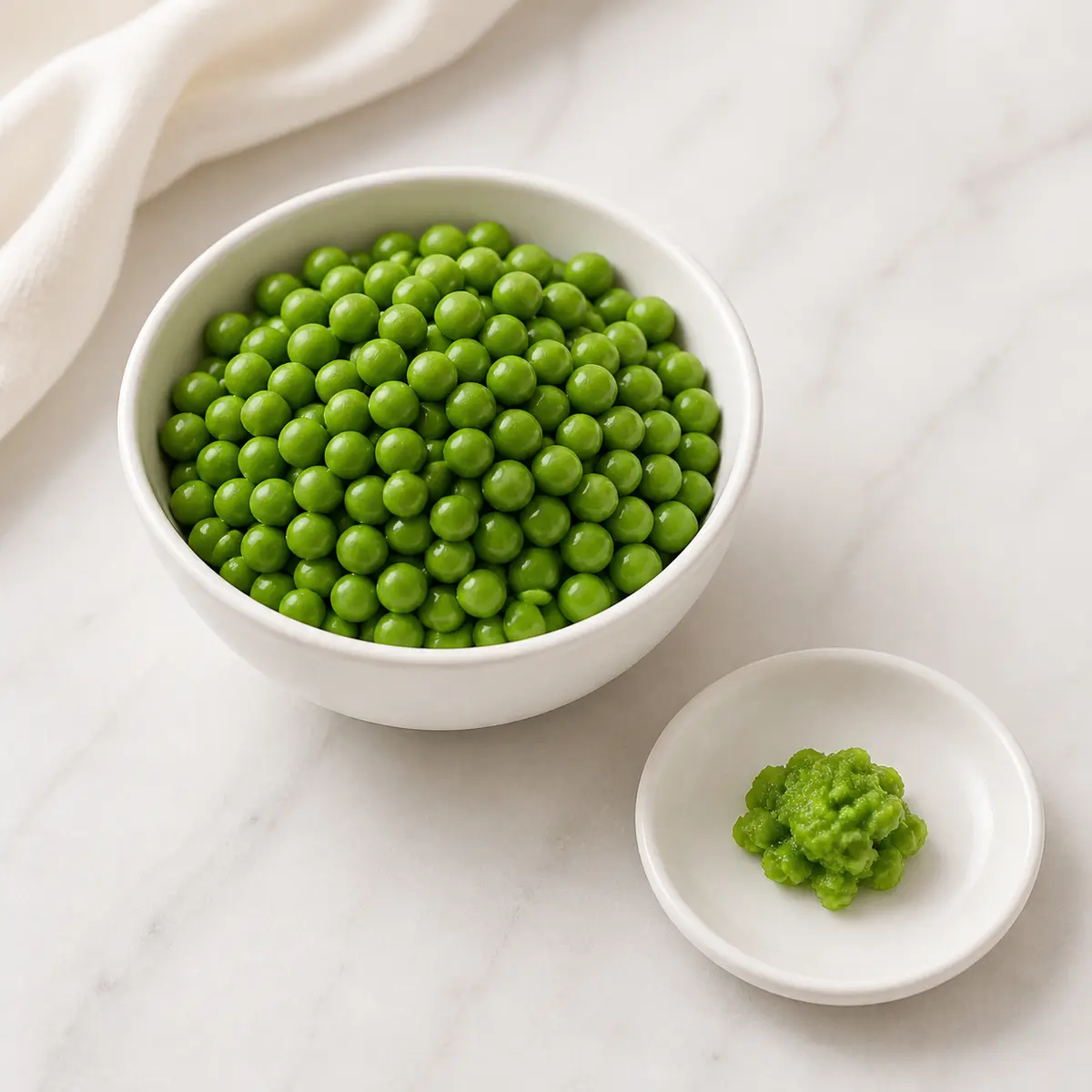Bright green peas in a bowl with one tiny mashed pea portion on a saucer