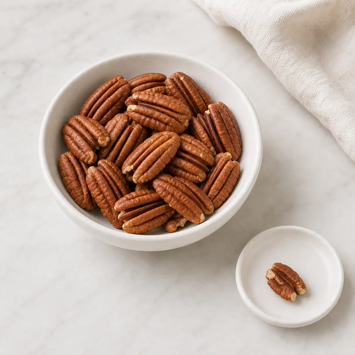 Plain pecan halves in a bowl with one tiny broken piece on a saucer
