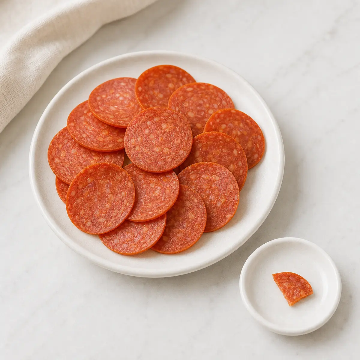 Sliced pepperoni rounds with one tiny piece on a saucer