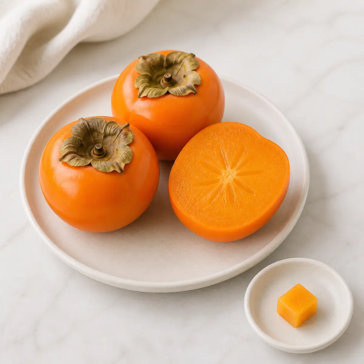 Ripe orange persimmons with one tiny peeled flesh cube on a saucer