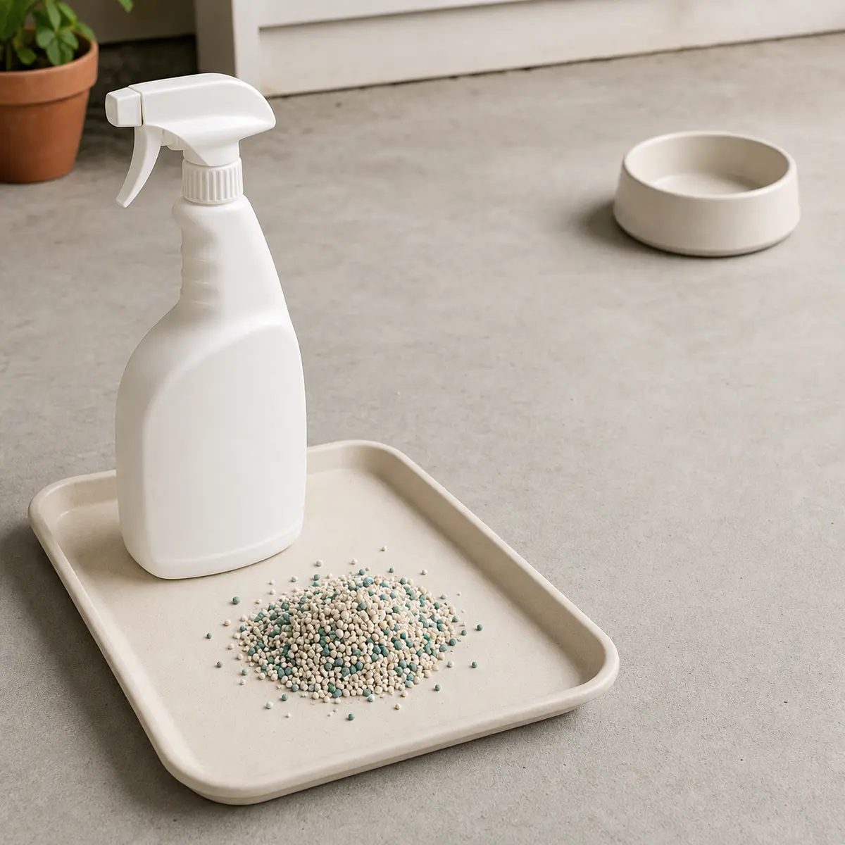 Unlabeled garden spray bottle and pesticide granules on a tray away from a pet bowl