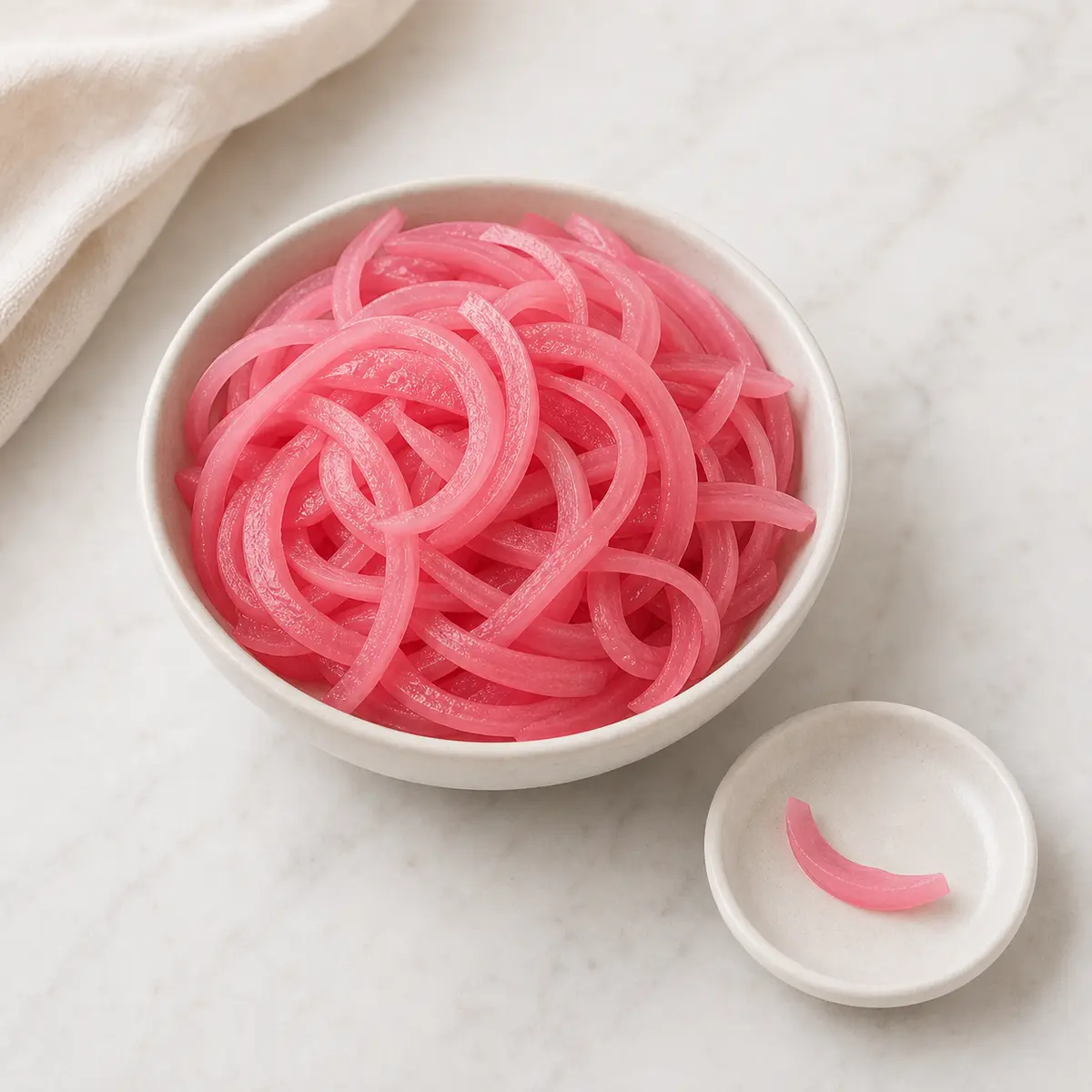 Pink pickled onion slices in a bowl with one tiny strip on a saucer