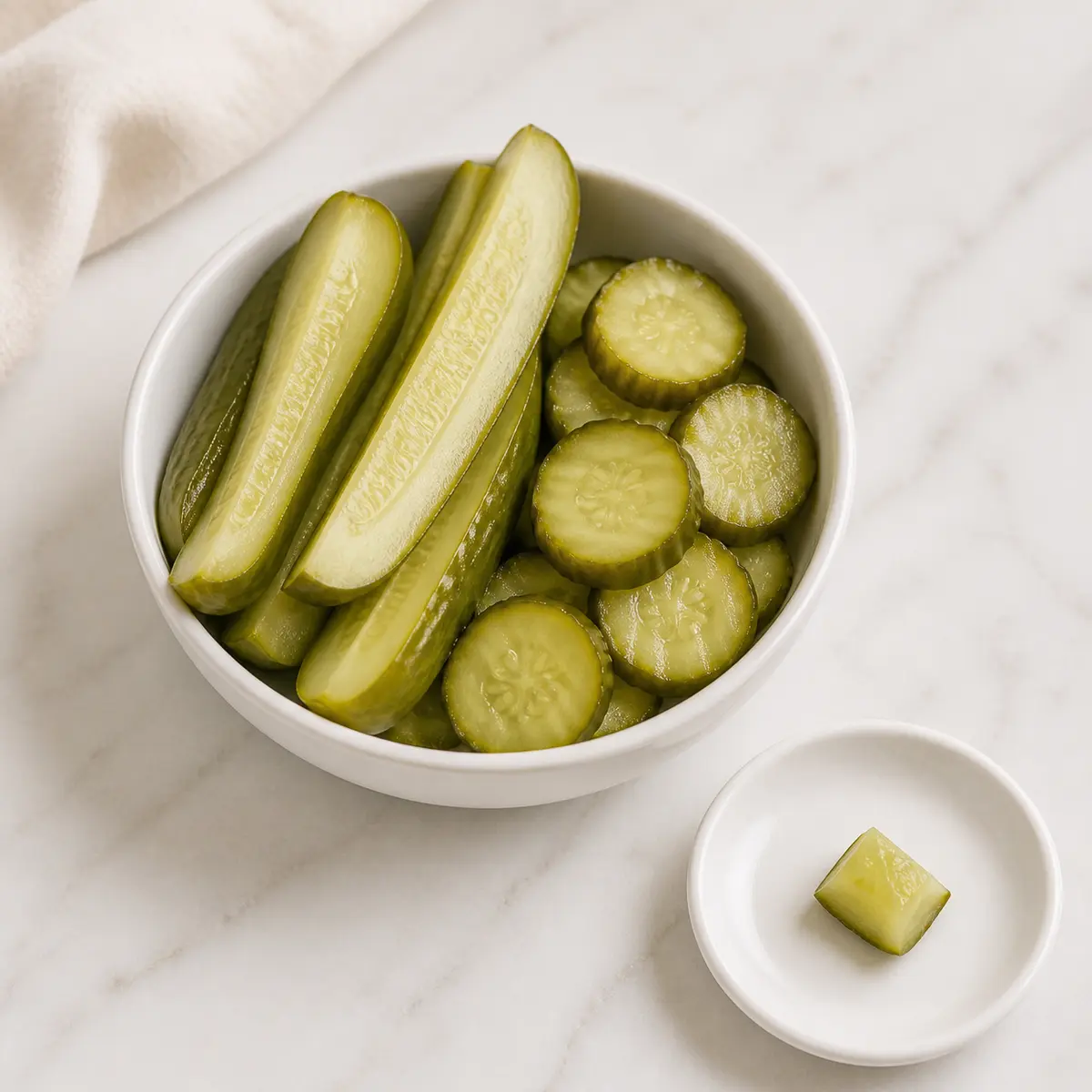 Dill pickle spears and slices with one tiny pickle piece on a saucer