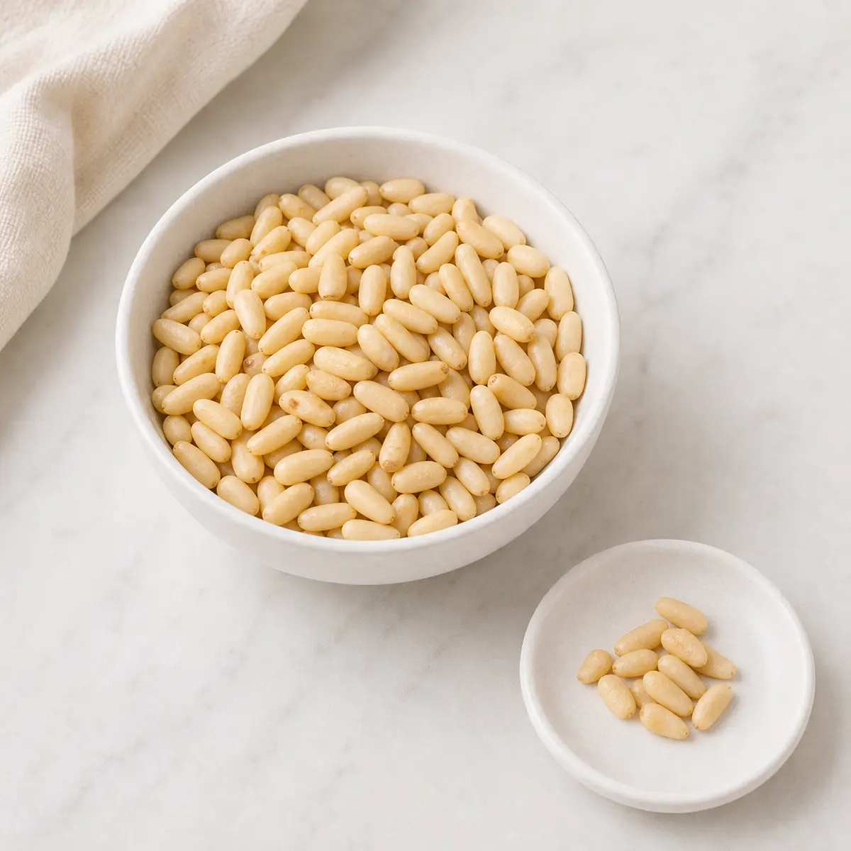 Plain pine nuts in a bowl with one tiny pinch on a saucer