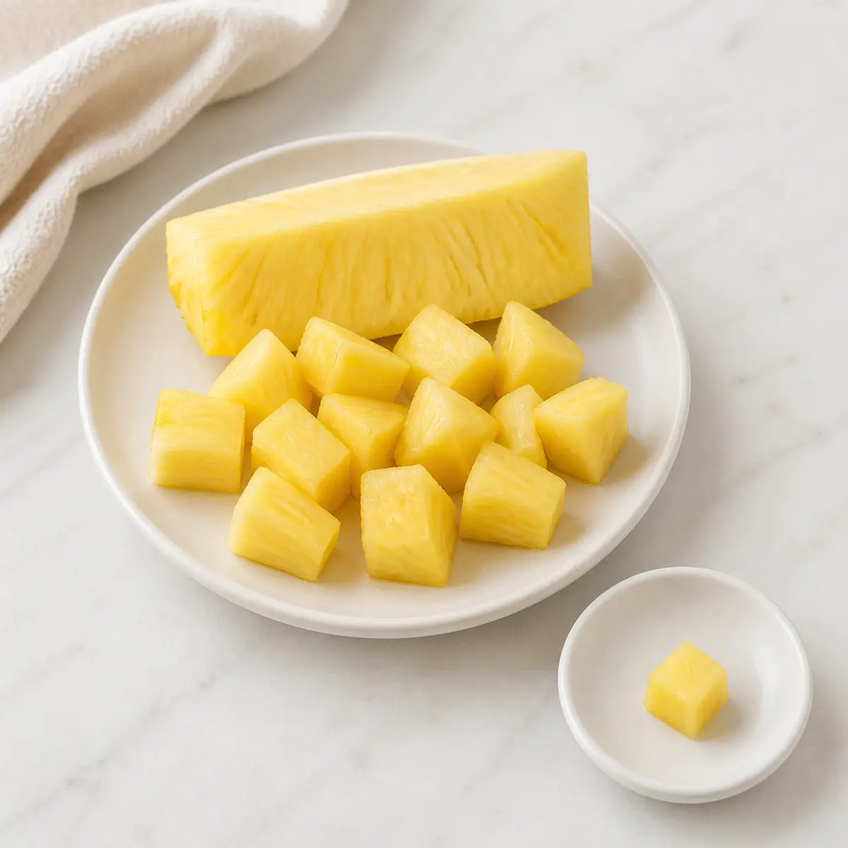 Fresh pineapple chunks and one tiny plain pineapple cube on a saucer