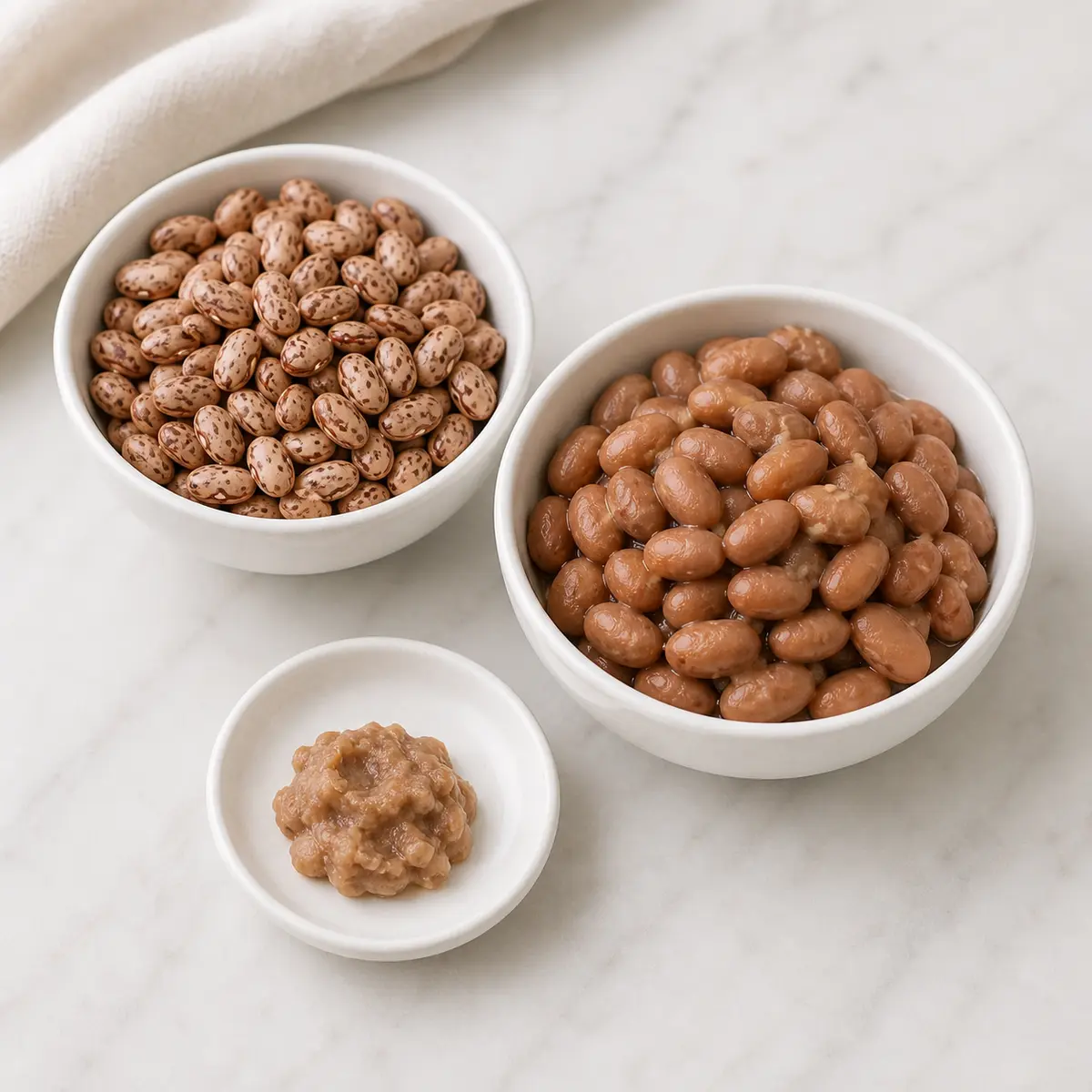 Dry and plain cooked pinto beans with one tiny mashed cooked portion on a saucer