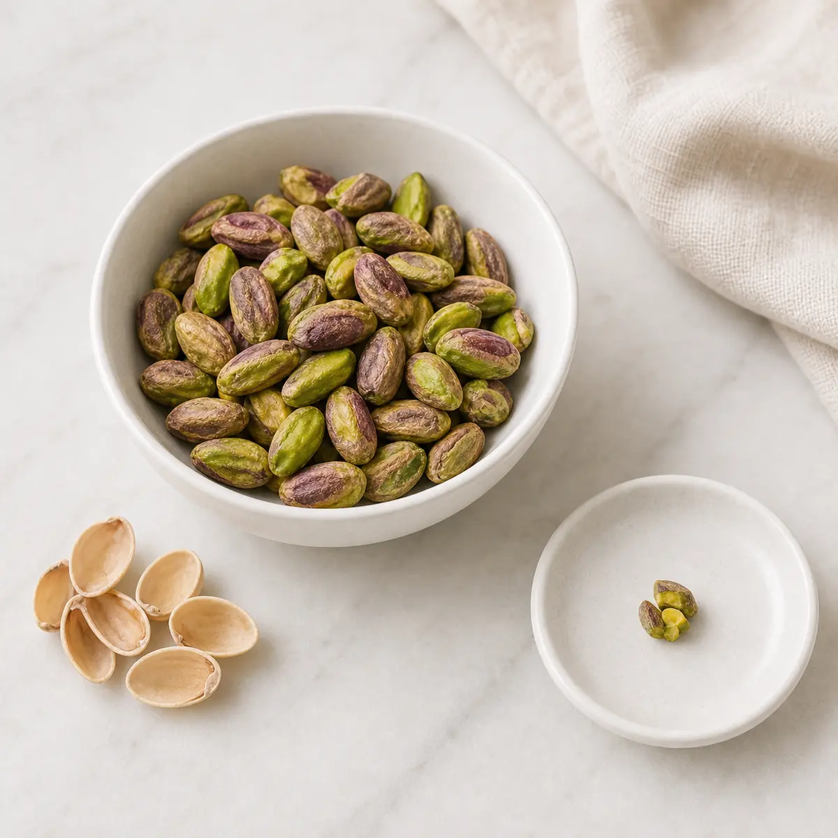 Shelled pistachios with a tiny chopped kernel on a saucer and shells off to the side