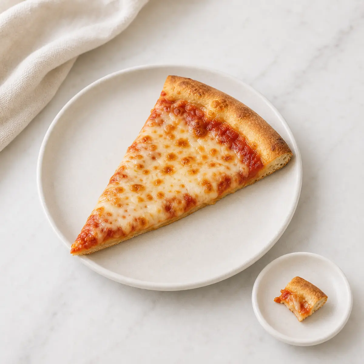 Cheese pizza slice with one tiny crust and cheese piece on a saucer