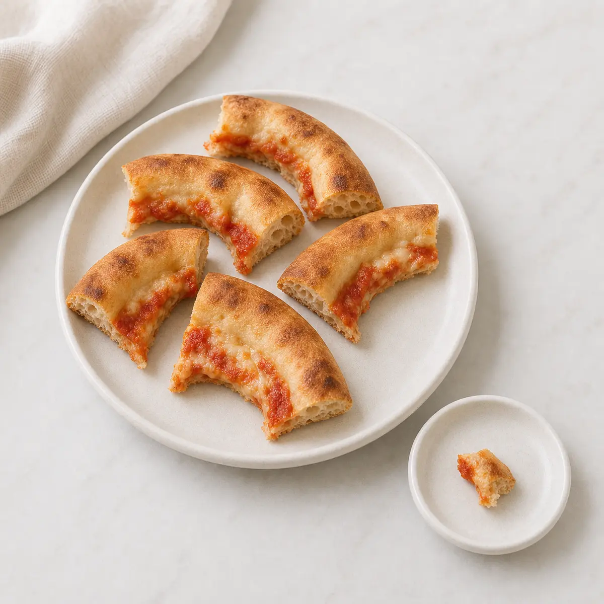 Browned pizza crust edge pieces with one tiny torn crust crumb on a saucer