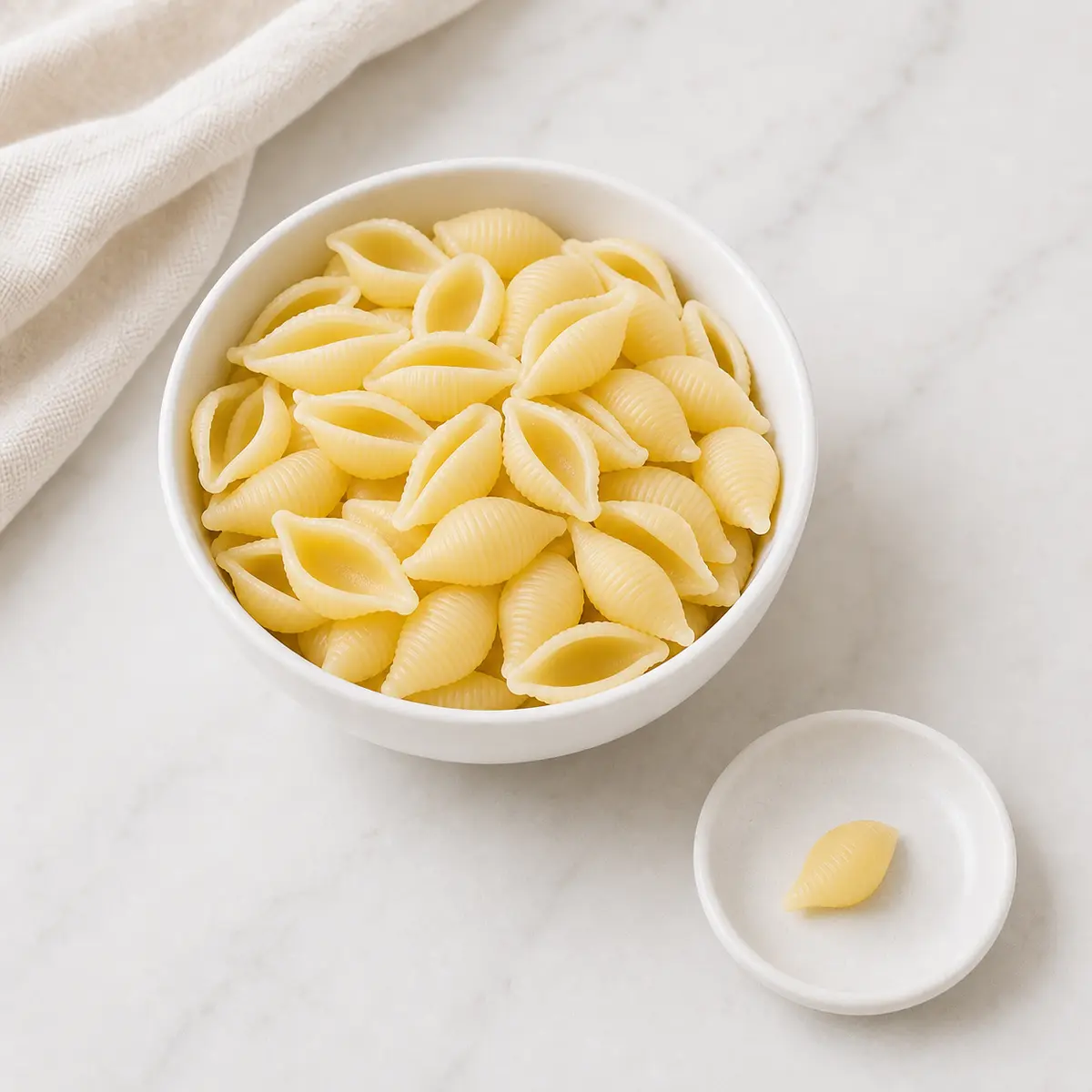 Plain cooked pasta shells in a bowl with one tiny pasta piece on a saucer