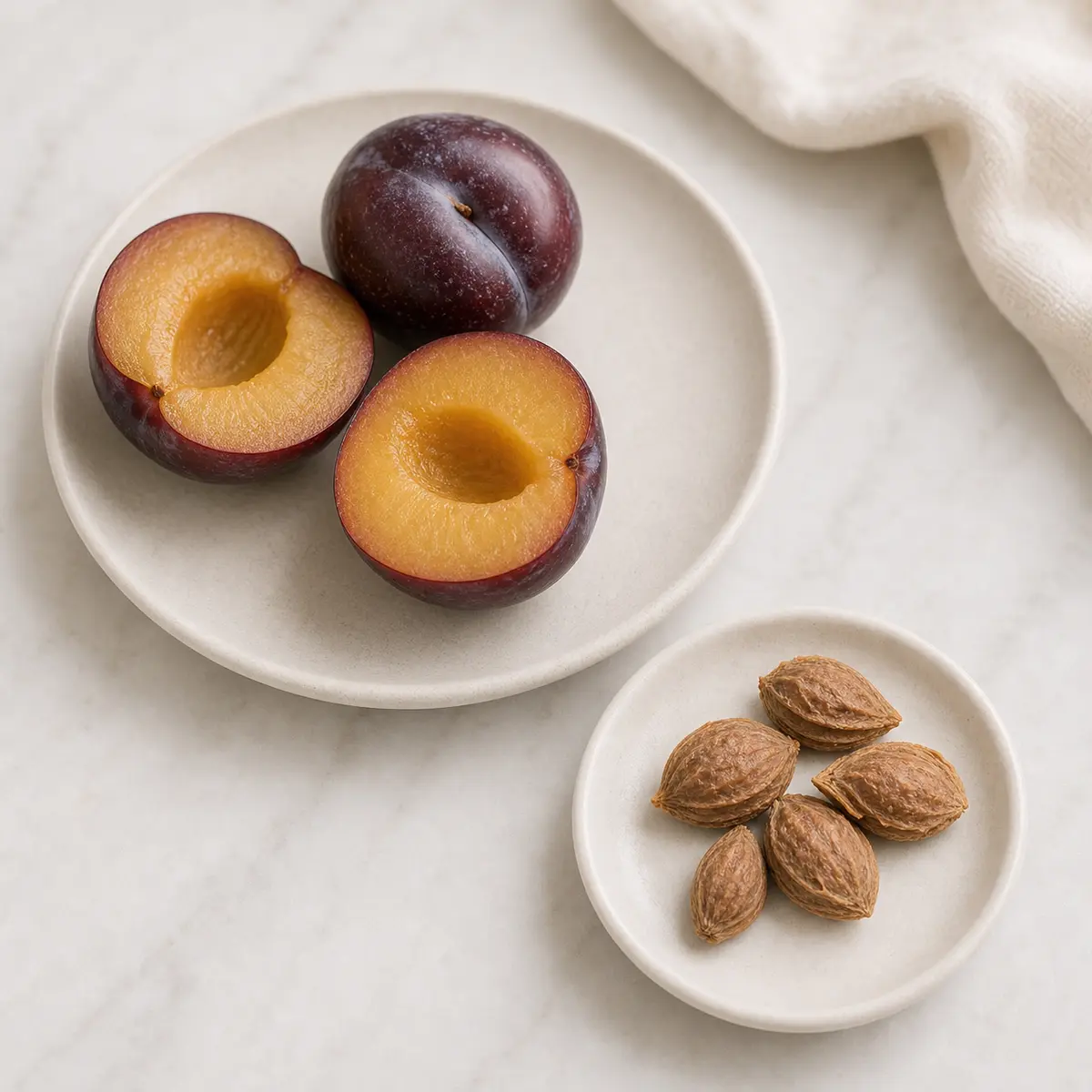 Plum pits isolated on a saucer beside halved plums with pits removed