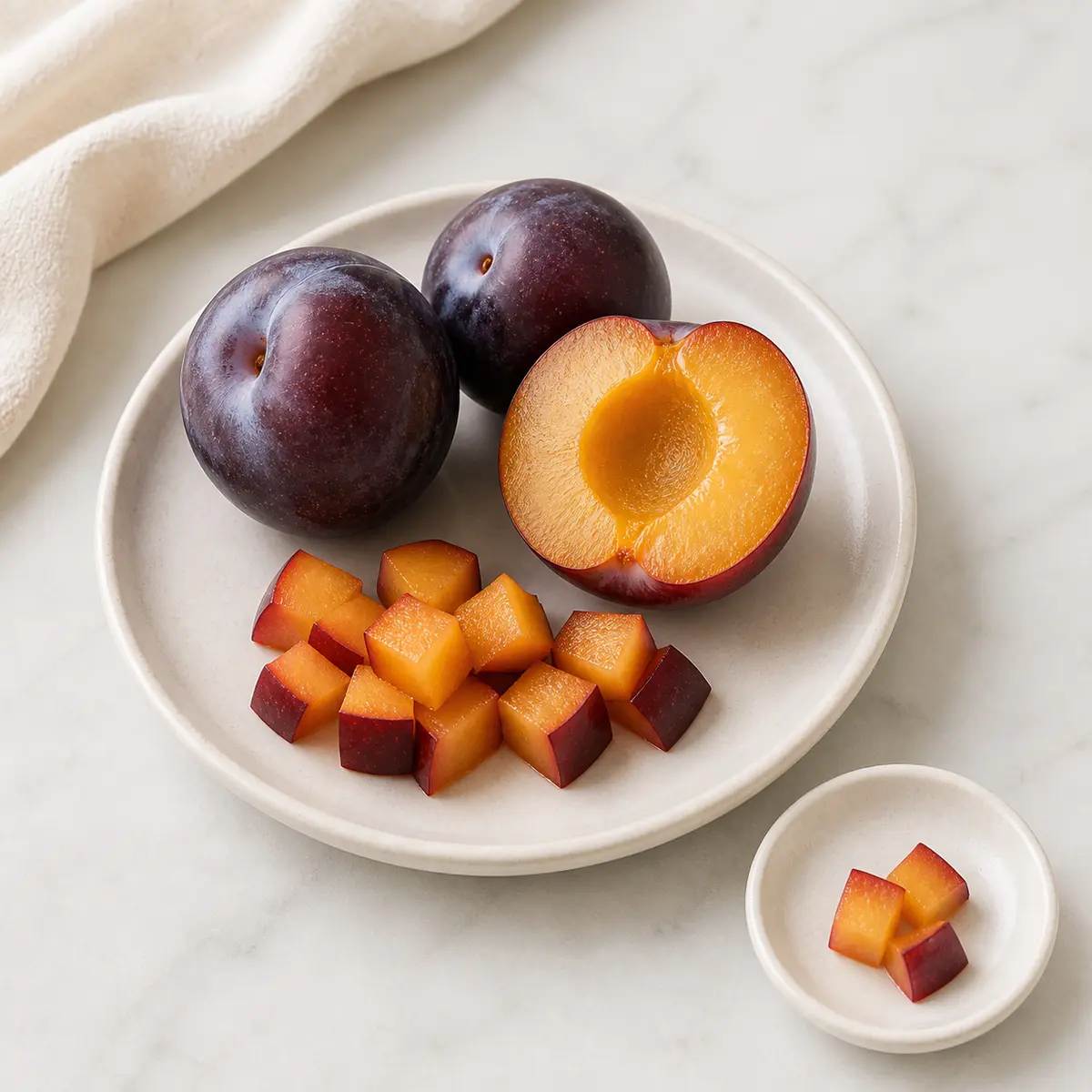 Ripe plums with the pit removed and tiny plum flesh cubes on a saucer