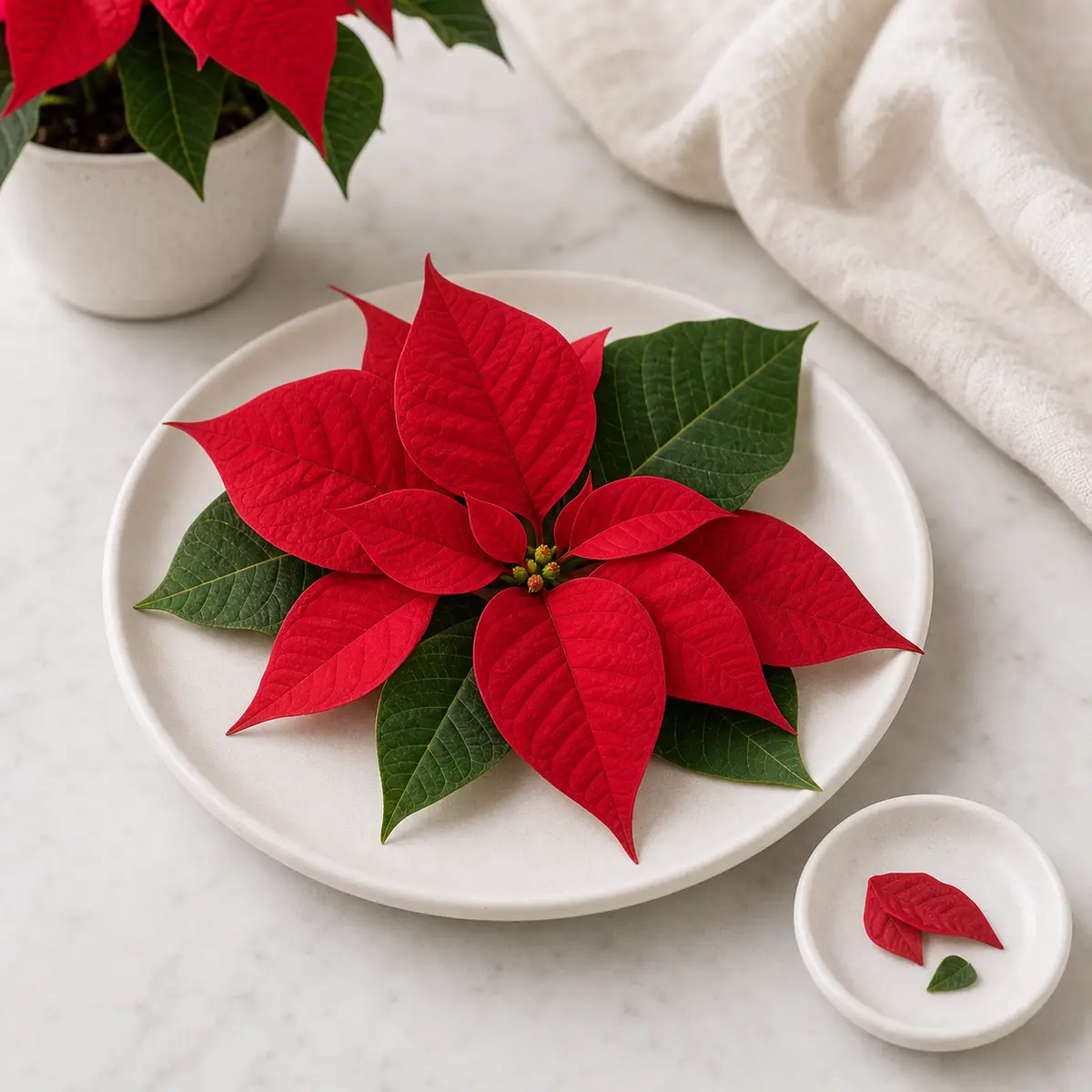 Red poinsettia bracts and green leaves on a plate