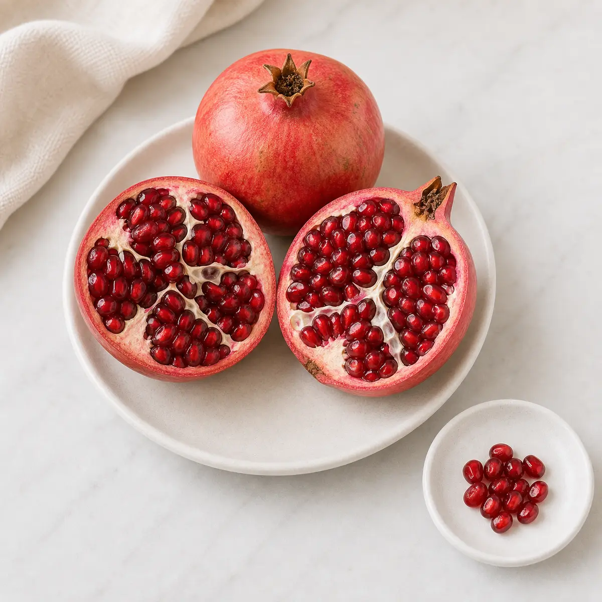 Halved pomegranate with red arils and one tiny spoonful on a saucer