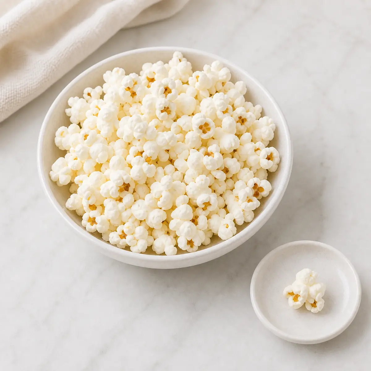 Plain air-popped popcorn in a bowl with one tiny plain piece on a saucer