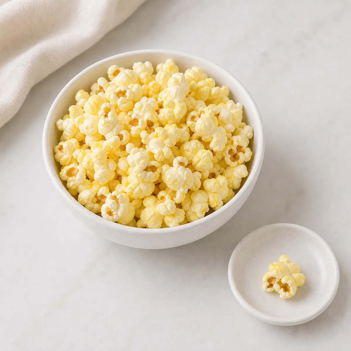 Buttered popcorn in a bowl with one tiny buttered piece on a saucer