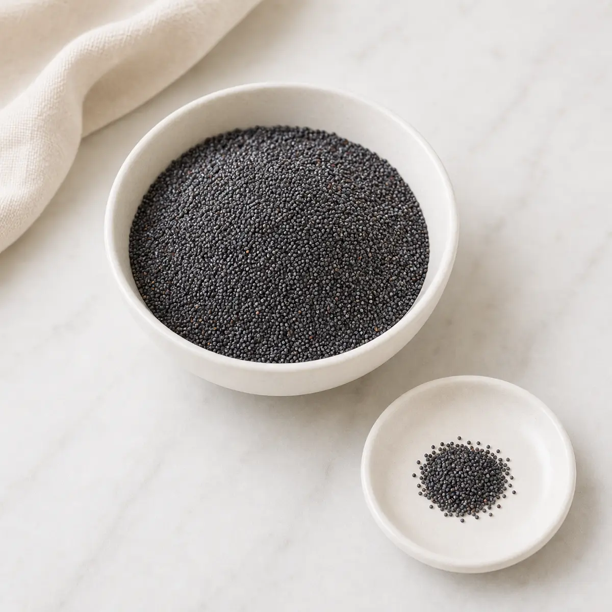 Tiny black poppy seeds in a bowl with one tiny pinch on a saucer