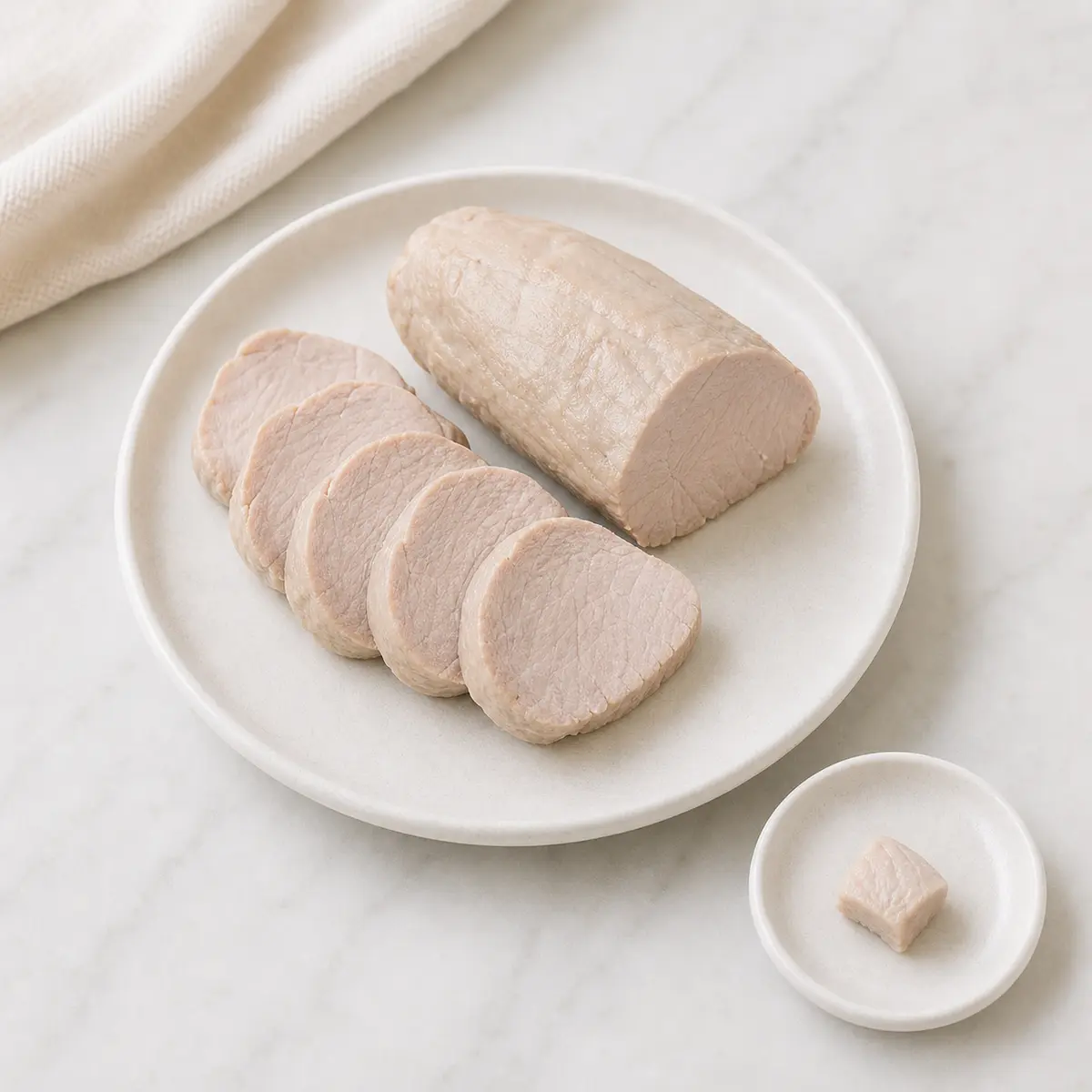 Plain cooked pork tenderloin slices with one tiny unseasoned bite on a saucer