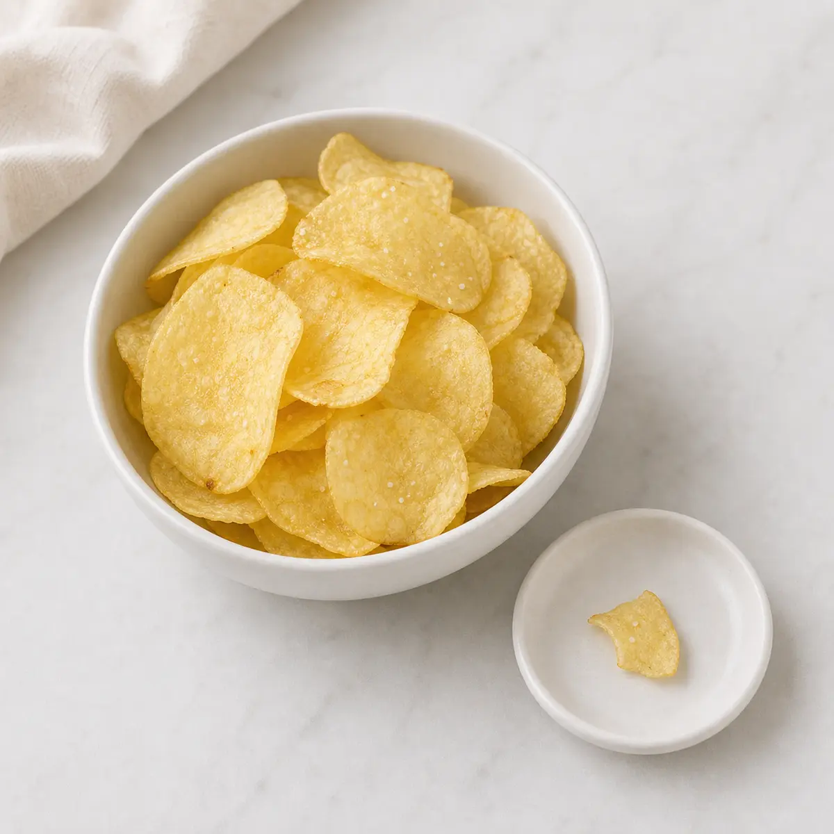 Plain potato chips in a bowl with one tiny chip piece on a saucer