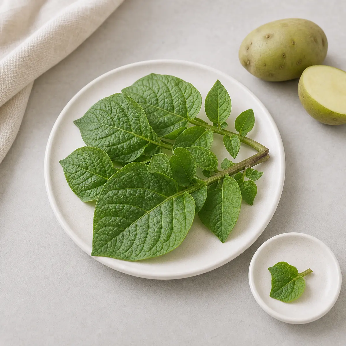 Green potato plant leaves and stem on a plate with a green potato nearby