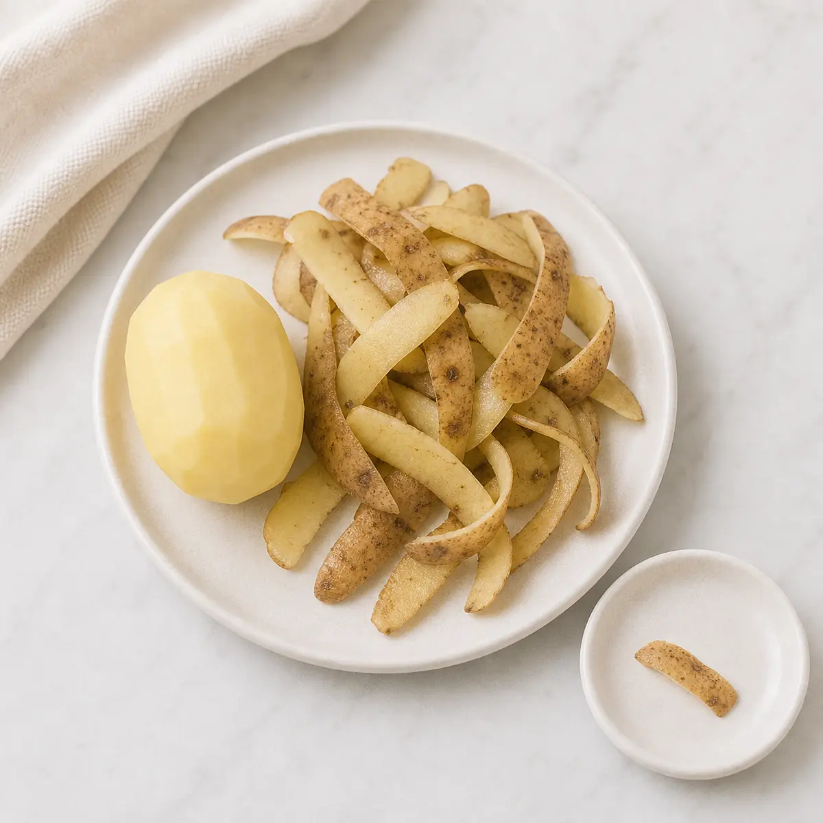 Raw potato peel strips and a peeled potato on a plate