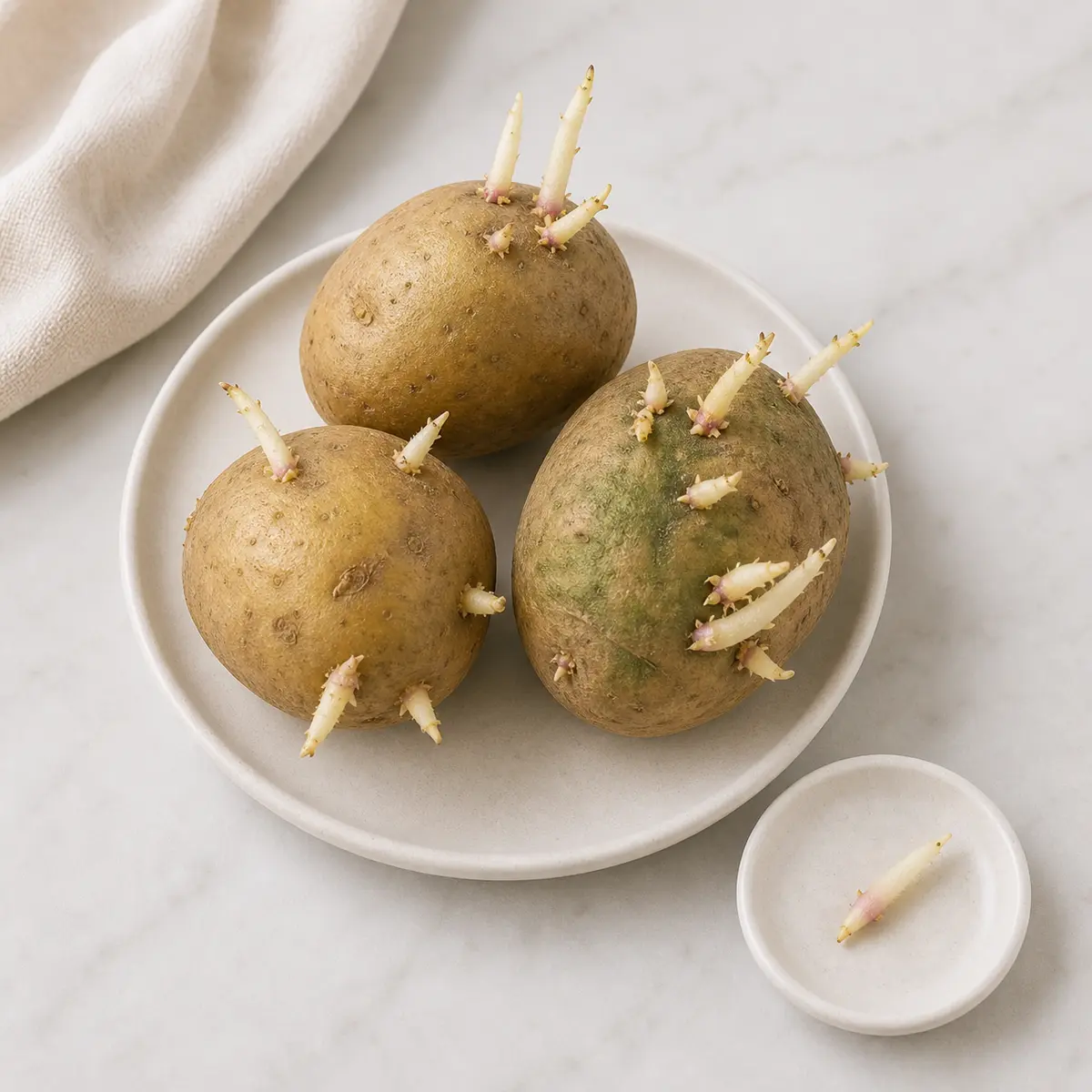 Sprouted potatoes with long pale sprouts and one sprout piece isolated on a saucer