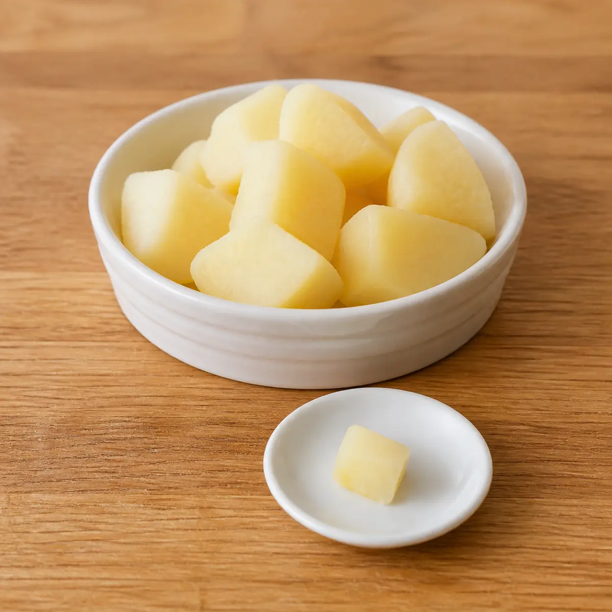 Plain boiled potato chunks with one tiny soft cube on a saucer